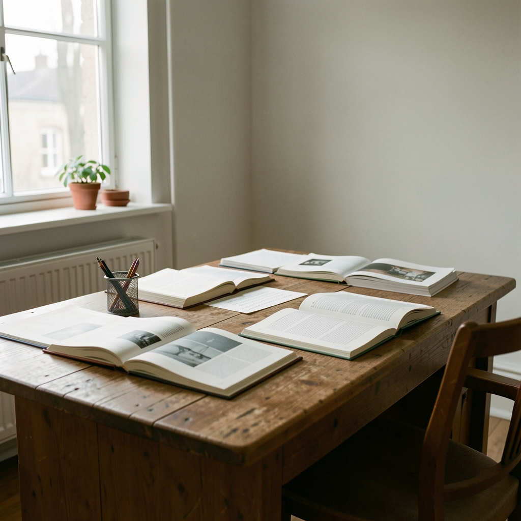 A modest editorial office space with a wooden desk, open books and printed pages, natural window light, quiet working atmosphere