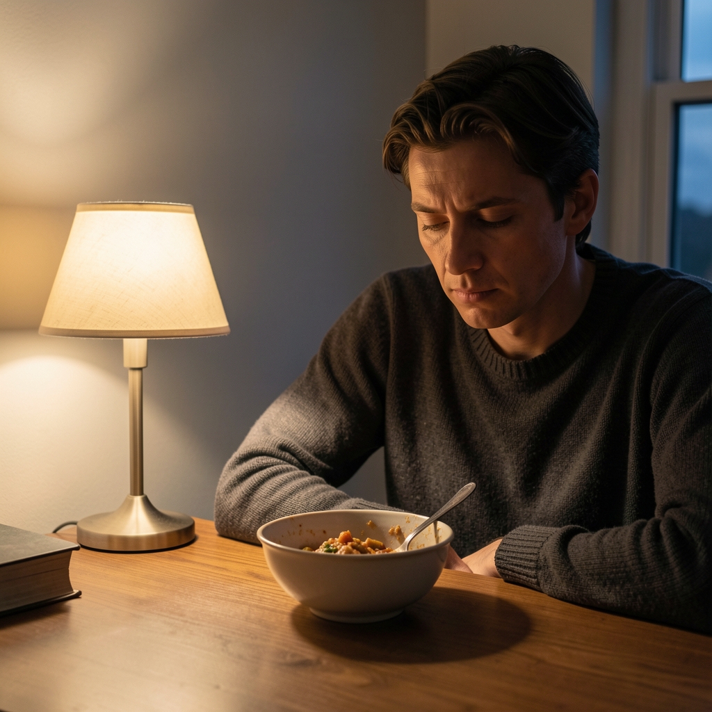 Person sitting beside a dim lamp in the evening, half-eaten bowl of food on the table, quiet domestic atmosphere suggesting end-of-day fatigue