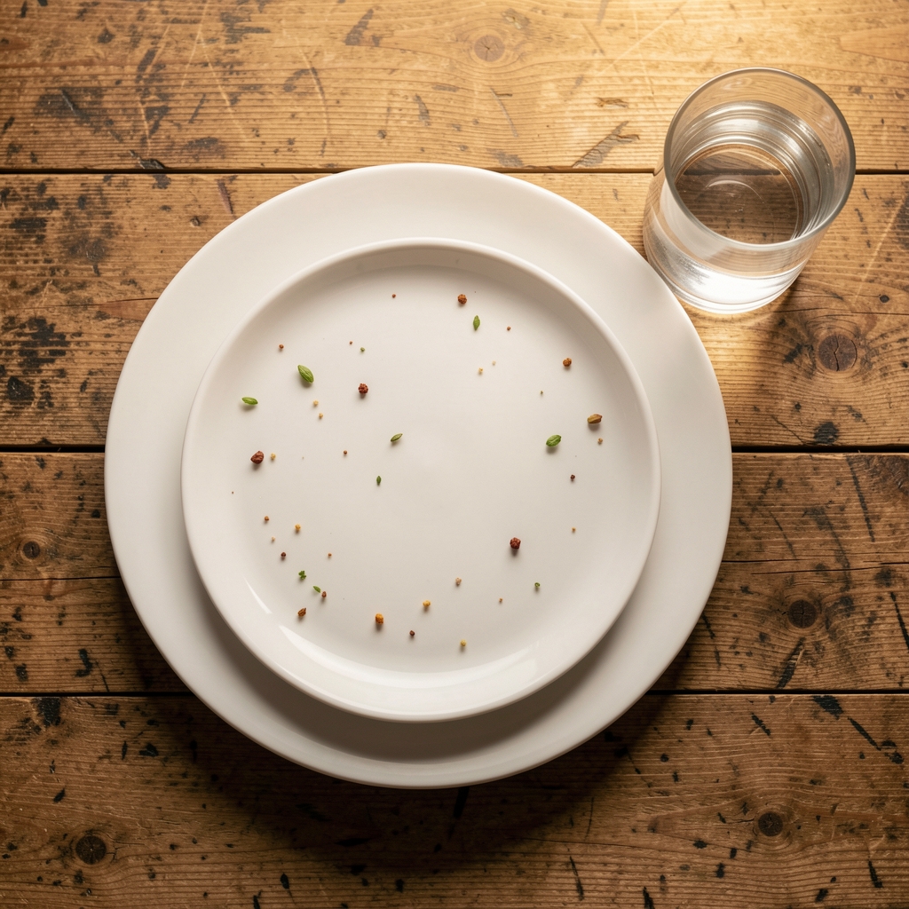 Overhead view of a sparsely-filled dinner plate and a glass of water on a worn wooden table under warm kitchen light, suggesting low appetite
