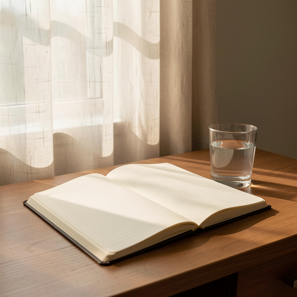 Morning desk scene with open notebook, glass of water, and soft natural light through linen curtains — editorial still life