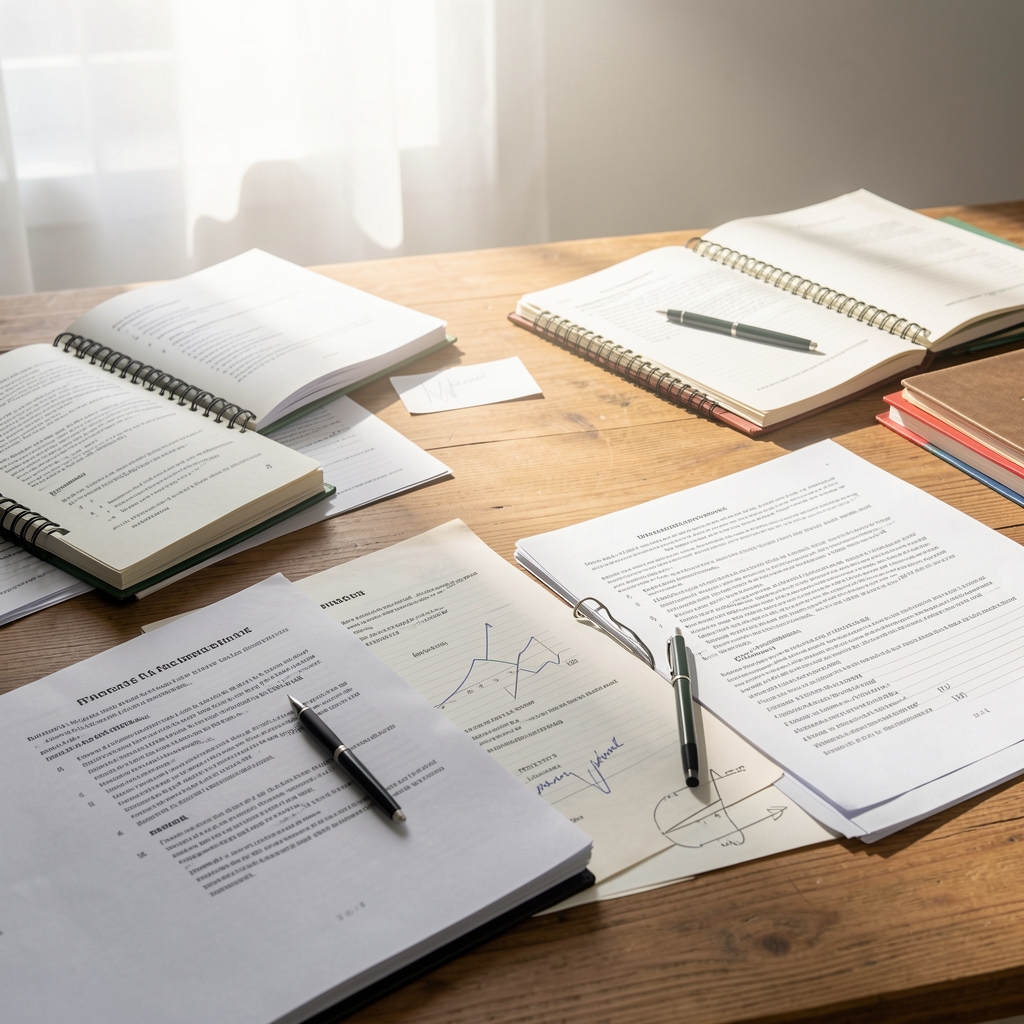 Research papers and notebooks spread across a wooden desk under bright studio lighting, representing the editorial research and fact-checking process